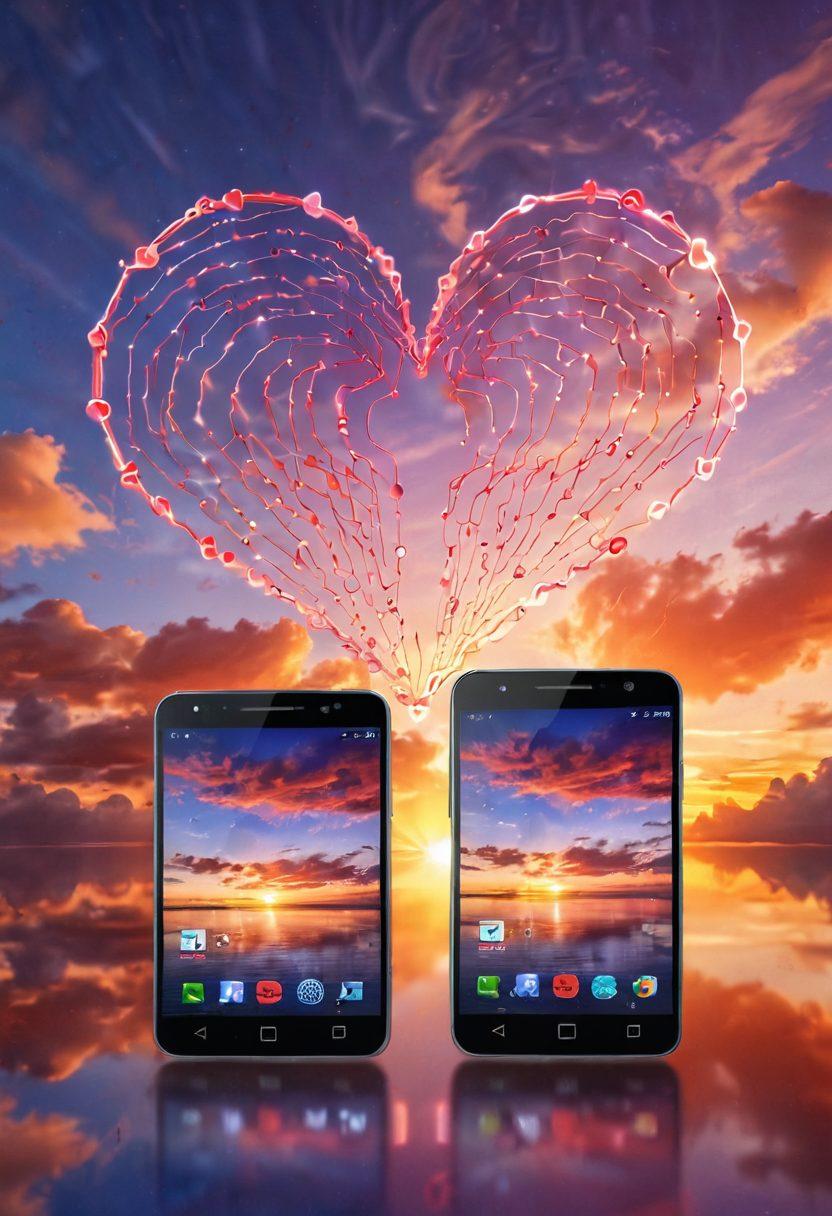 A heart-shaped cloud formed by two smartphones exchanging love symbols, surrounded by digital connection lines, representing the blend of technology and romance. The background features a sunset to symbolize lasting love, while playful binary codes float around, illustrating digital courtship. super-realistic. vibrant colors. romantic atmosphere.