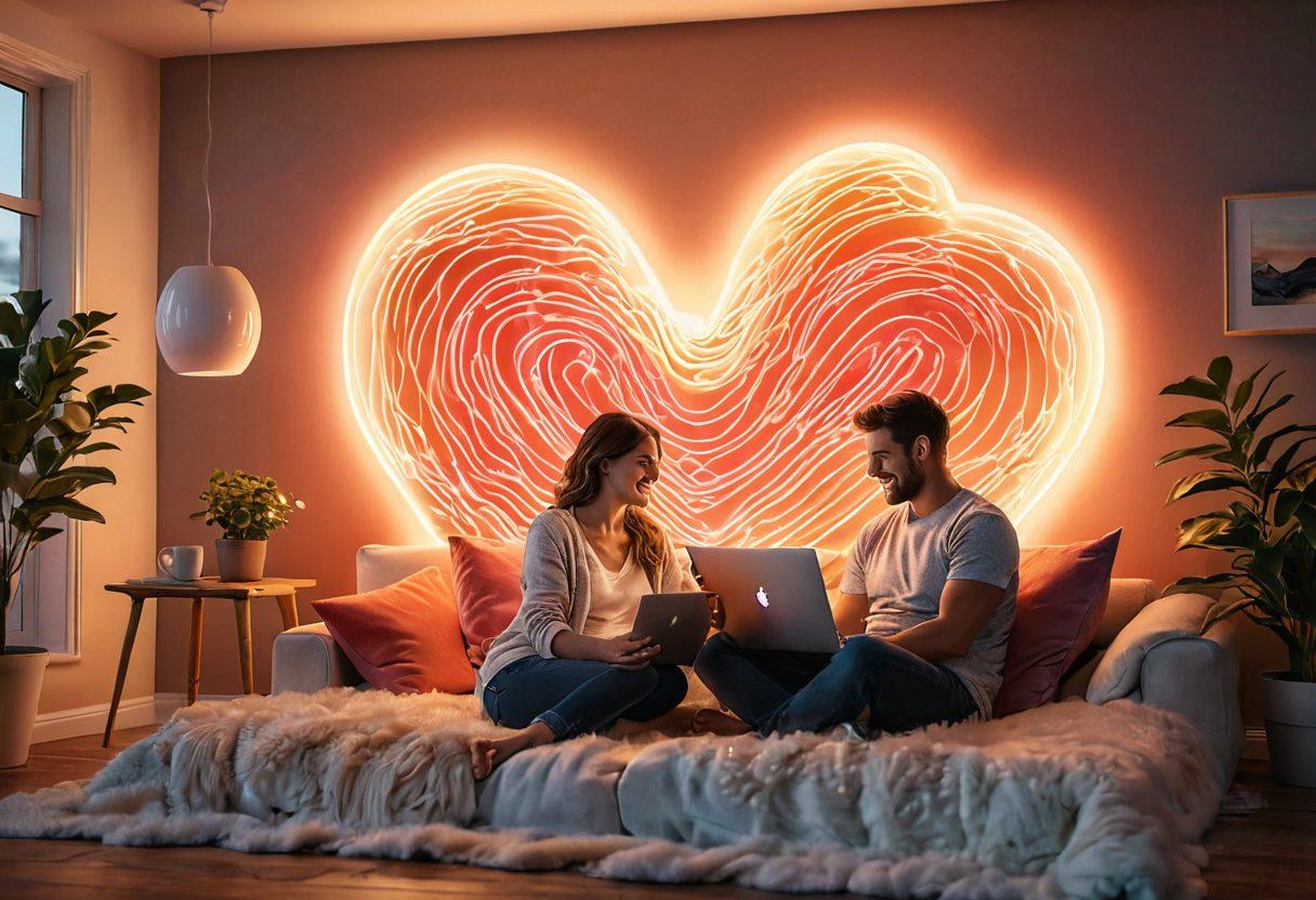 A cozy living room scene where a couple is connecting over a laptop, surrounded by vibrant heart-shaped digital waves symbolizing communication. The room is adorned with romantic lighting and soft pillows, evoking a warm atmosphere. Include elements like coffee mugs and a small plant to enhance intimacy. super-realistic. warm colors. soft glow.