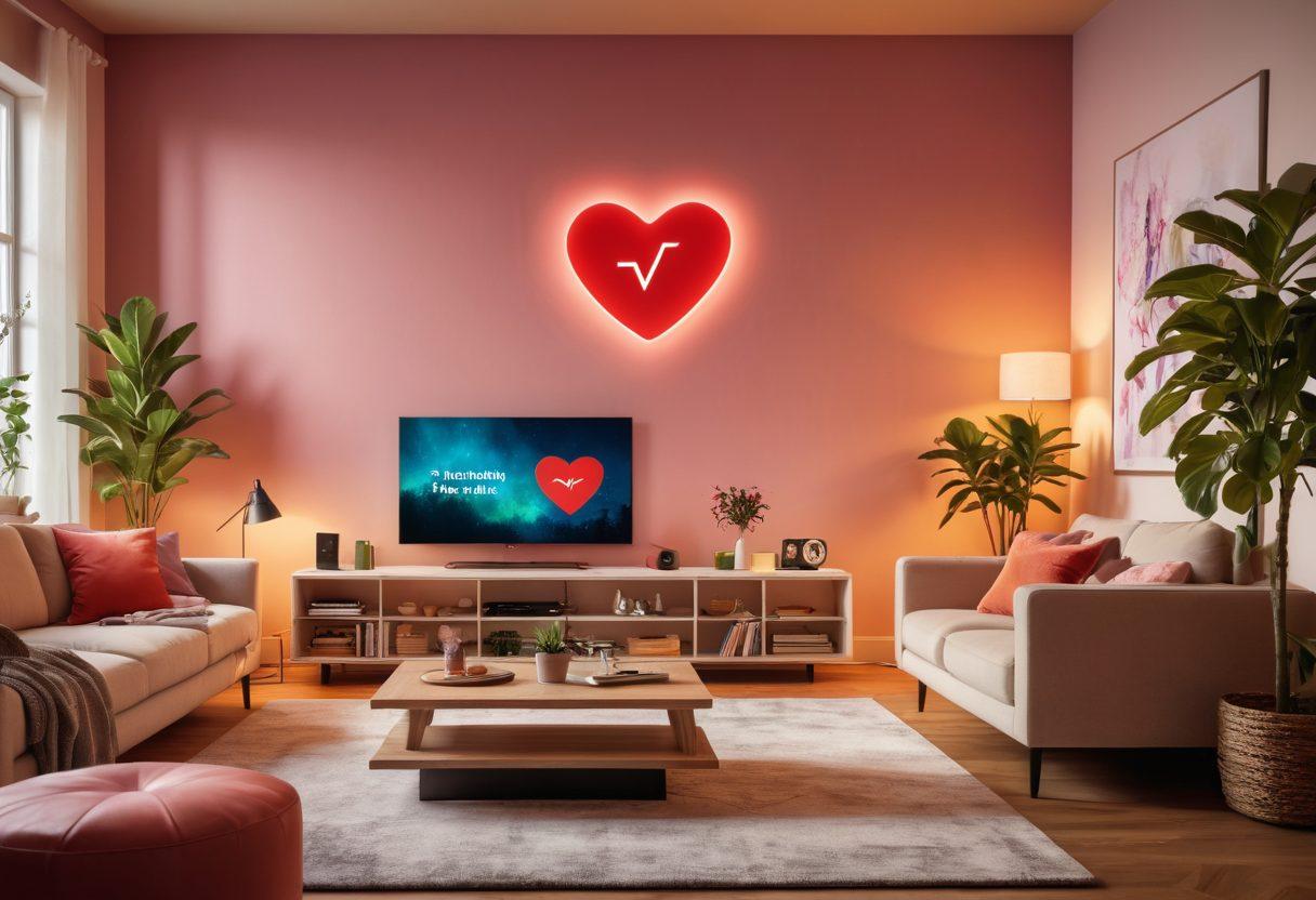 A cozy, modern living room with a couple enjoying a movie night, illuminated by warm light from a smart TV displaying a heart symbol. In the background, glowing WiFi signals radiate from a stylish router, symbolizing the connection. A mix of personal touches like framed photos and plants enhances the romantic atmosphere. whimsical and colorful. digital art. vibrant colors.